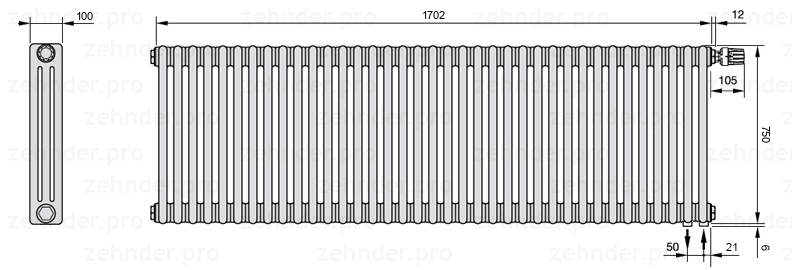 Схема (чертеж) Радиатор Zehnder Charleston 3075/37 №V002 Белый глянцевый RAL 9016